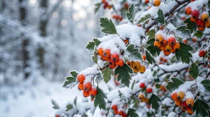Vibrant orange and red berries on snow-covered branches, adorned with fresh white snow and frosted green leaves, creating a beautiful winter scene with a soft, blurred forest background