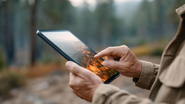 Firefighter utilizing tablet for real-time heat monitoring in forest fire management - Powered by Adobe