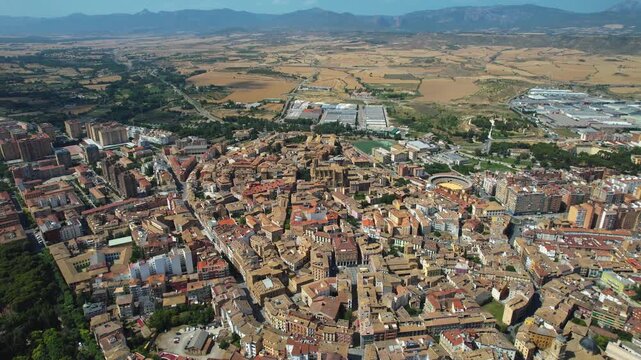 An Aerial panoramic view of the old town of the city Huesca on a sunny summer noon in Spain.
