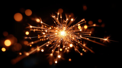 Obraz premium Festive orange sparkle starburst shimmer fireworks on black background glowing particles warm light stardust luxury effect holiday new year celebration defocused explosion