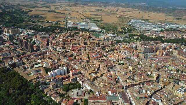 An Aerial panoramic view of the old town of the city Huesca on a sunny summer noon in Spain.