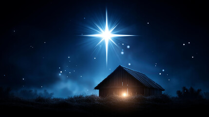 Bright star shines over dark barn silhouette nativity scene visualization Bethlehem star in night sky christmas holiday concept religious celebration background