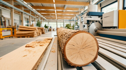 log on a sawmill in a wood processing workshop, Copy Space advertising modern wood production and processing