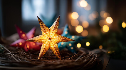 Obraz premium Shining star over manger christmas nativity scene religious holiday symbolism birth celebration background spiritual winter festivity holy night decoration defocused stable