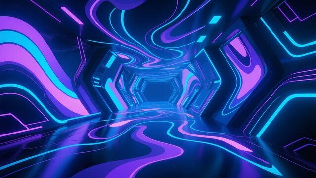 A futuristic tunnel with vibrant neon lights and curving lines, showcasing a digital and cyber aesthetic.