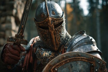 Naklejka premium Medieval Warrior Stands Ready With Sword and Shield in Forested Landscape During Daylight, Showcasing Detailed Armor in High Resolution