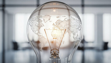 Lightbulb with small world map engraved inside, representing ideas for public good.
