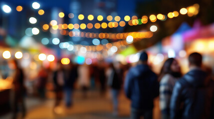 Fototapeta premium Blur bokeh night festival warm light cool chill party atmosphere walking street celebration festive outdoor event seasonal social gathering defocused urban setting with copy