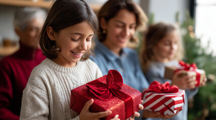 Faceless children with christmas presents scene kids holiday gift opening festive celebration moment seasonal family gathering winter present exchange defocused home