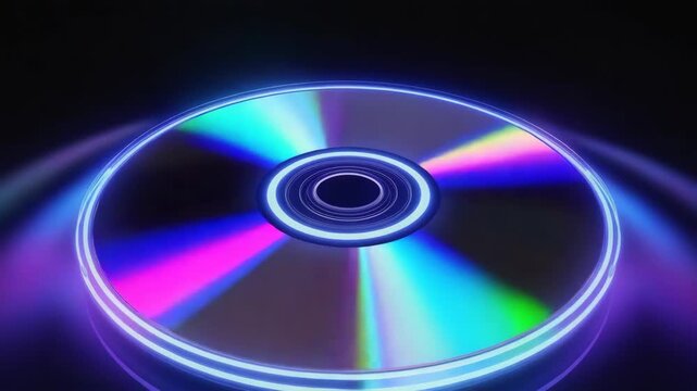 Three holographic compact discs with glowing blue neon rings on a dark background. Retro futuristic synthwave design for music events or digital media technology concepts