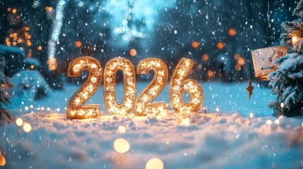 New Year Celebration in Winter Wonderland With Glowing Numbers Marking the Year 2026 During a Snowfall