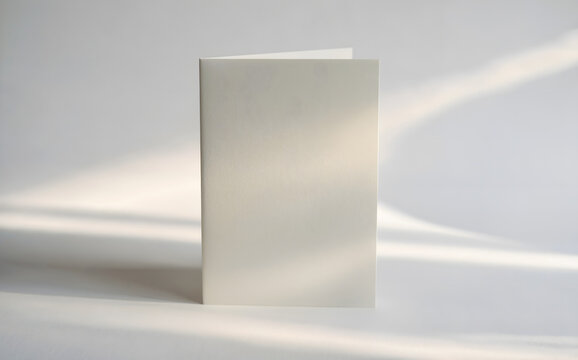 Minimalist blank greeting card mockup with soft shadow, vertical folded white paper brochure template, aesthetic stationery background, for wedding invitation, branding identity, presentation.