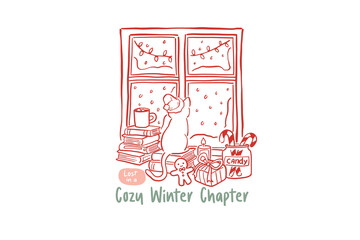 Cozy Winter Chapter Window Scene with Cat and Books Illustration Design