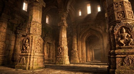 Ancient ornate stone temple interior with carved columns and arches illuminated by dramatic light shafts from high windows, creating a mystical and historical atmosphere