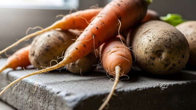 Imperfect Organic Carrots and Potatoes Close-Up with Soil