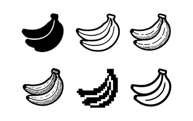 Obraz premium Stylized banana set: silhouette, outline, sketch, and pixel art