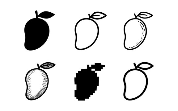 Diverse mango shapes in minimalist styles: silhouette, outline, pixel, sketch