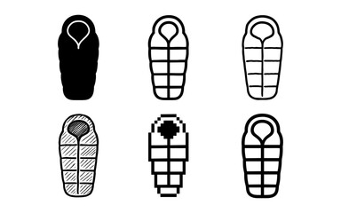 Diverse sleeping bag icons: silhouette, pixel, outline, and doodle styles