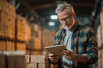 Obraz premium Man Discusses Brick Order With Client in Warehouse While Using Tablet Among Stacks of Bricks in Industrial Setting