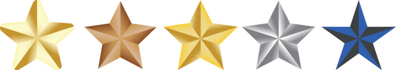 A collection of five shiny, glossy metallic stars in gold, bronze, silver, and blue, ideal for concepts like rating, achievement, and review systems. Isolated graphic.