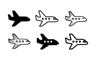 Set of airplane icons in various styles including silhouette and doodle