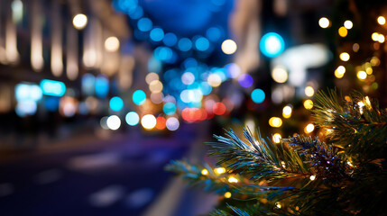 Festive night cityscape illuminated streets urban holiday decoration evening celebration lighting winter city atmosphere seasonal downtown ambiance defocused architecture
