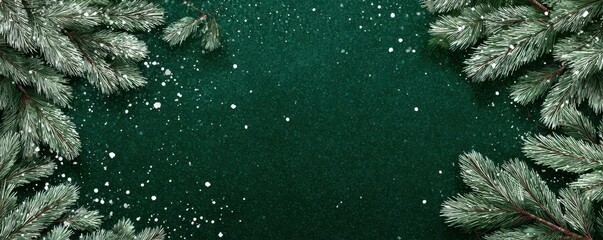 Snow-covered pine tree branches with space for text on artistic green winter background