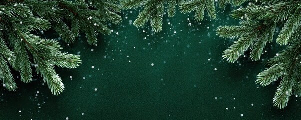 Snow-dusted pine branches over dark green background with falling snowflakes