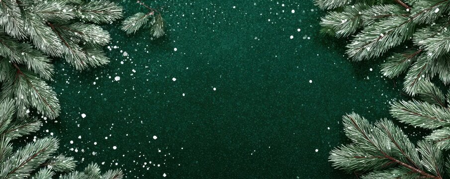 Snow-covered pine tree branches with space for text on artistic green winter background - Powered by Adobe