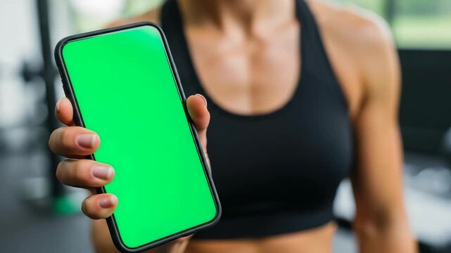 Athletic woman in sportswear holding a mobile phone with a chroma key green screen. Mockup for a fitness application, workout tracker or online coaching service