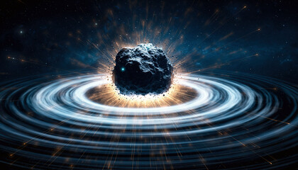 Asteroid im Weltraum mit leuchtender Stoßwelle und kosmischem Energieaustritt