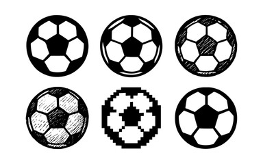 Set of black and white soccer balls in various artistic styles