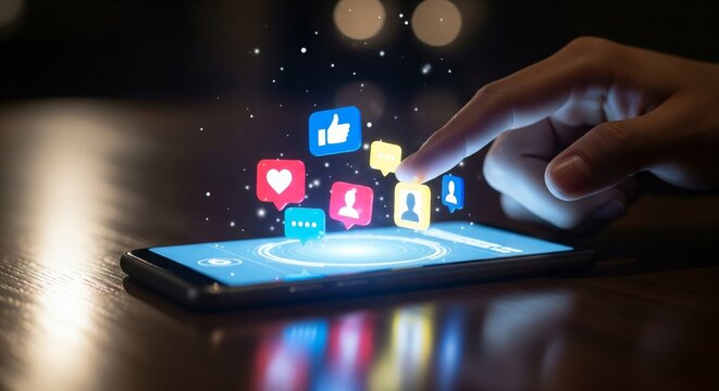 Close up hand using smartphone with glowing social media notification icons. Represents digital marketing engagement and online community connection. - Powered by Adobe