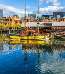 Boston Harbor and Tea Party Ships with Modern Skyline Reflections