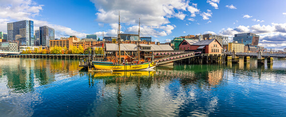 Boston Harbor and Tea Party Ships with Modern Skyline Reflections