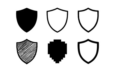 Set of six shield icons in various styles including pixel and sketched designs