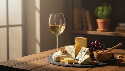 Delicious assortment of gourmet cheeses and a glass of white wine are beautifully arranged on a dark slate board, illuminated by warm window light on a rustic wooden table