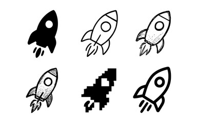 Fototapeta premium Set of rocket designs in multiple styles: silhouette, sketch, pixel, and outline variations