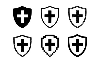Fototapeta premium Diverse shield cross icons in minimalist, pixel, and sketch styles