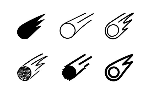 Set of comet icons in various artistic styles on white background