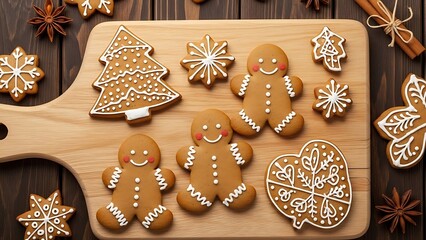 Festive homemade gingerbread cookies featuring gingerbread men, christmas tree, snowflakes, and heart shapes, meticulously decorated with white icing on a wooden board, top view.