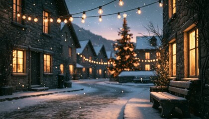Charming snowy village street at twilight, illuminated by warm glowing windows and festive string lights, featuring a decorated Christmas tree and falling snow