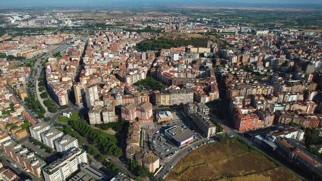 An Aerial panoramic view of the old town of the city Lleida on a sunny summer noon in Spain.