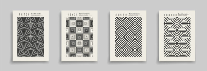 Collection of striped abstract geometric covers, templates, placards, brochures, banners, backgrounds. Monochrome textured creative artwork posters. Black and beige graphic trendy fabric prints
