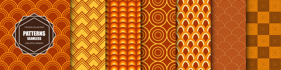 Collection of seamless decorative color patterns - geometric ornamental design. Repeatable retro elegant striped orange backgrounds. Symmetry vintage endless prints