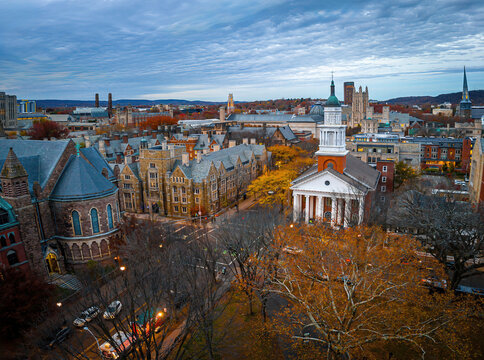 Aerial View of Downtown New Haven with Historic Church and Yale Buildings