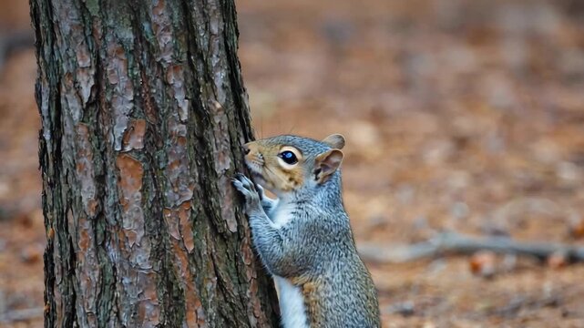 A composite image showing the sequence of a gray squirrel climbing a tree in the forest. The wild rodent moves up the trunk in its natural habitat during the autumn season