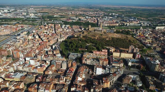 An Aerial panoramic view of the old town of the city Lleida on a sunny summer noon in Spain.