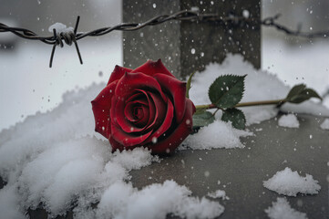 Red rose on memorial stone for remembrance. Sorrowful tribute concept.