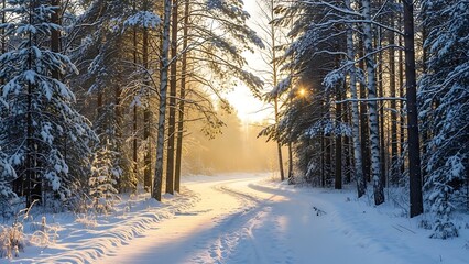 Winter forest landscape with a snowy path under a frozen blue sky at sunrise